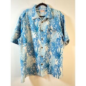 It's 5 O'Clock Somewhere 100% Silk Shirt Blue Tropical Leaf Button Down Men's XL